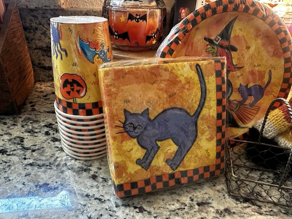 Halloween Party Decorations Set Lot Black Cat Pumpkin Cups, Plates, Napkins